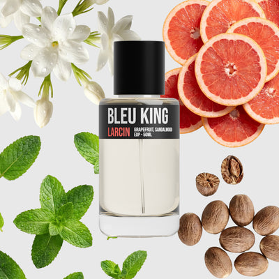 Bleu King scent notes — citrus, aromatic woods, incense, dry amber — Larcin
