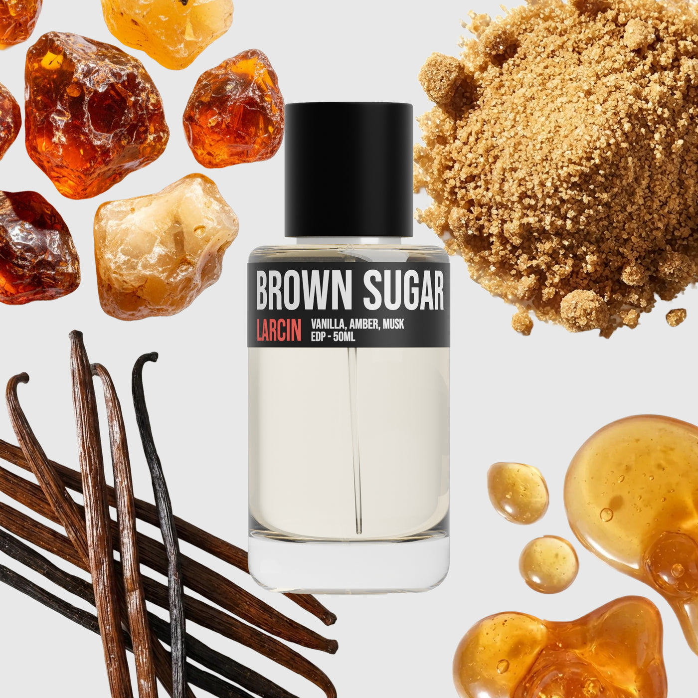 Brown Sugar scent notes — vanilla, brown sugar, amber, tonka, musk — Larcin