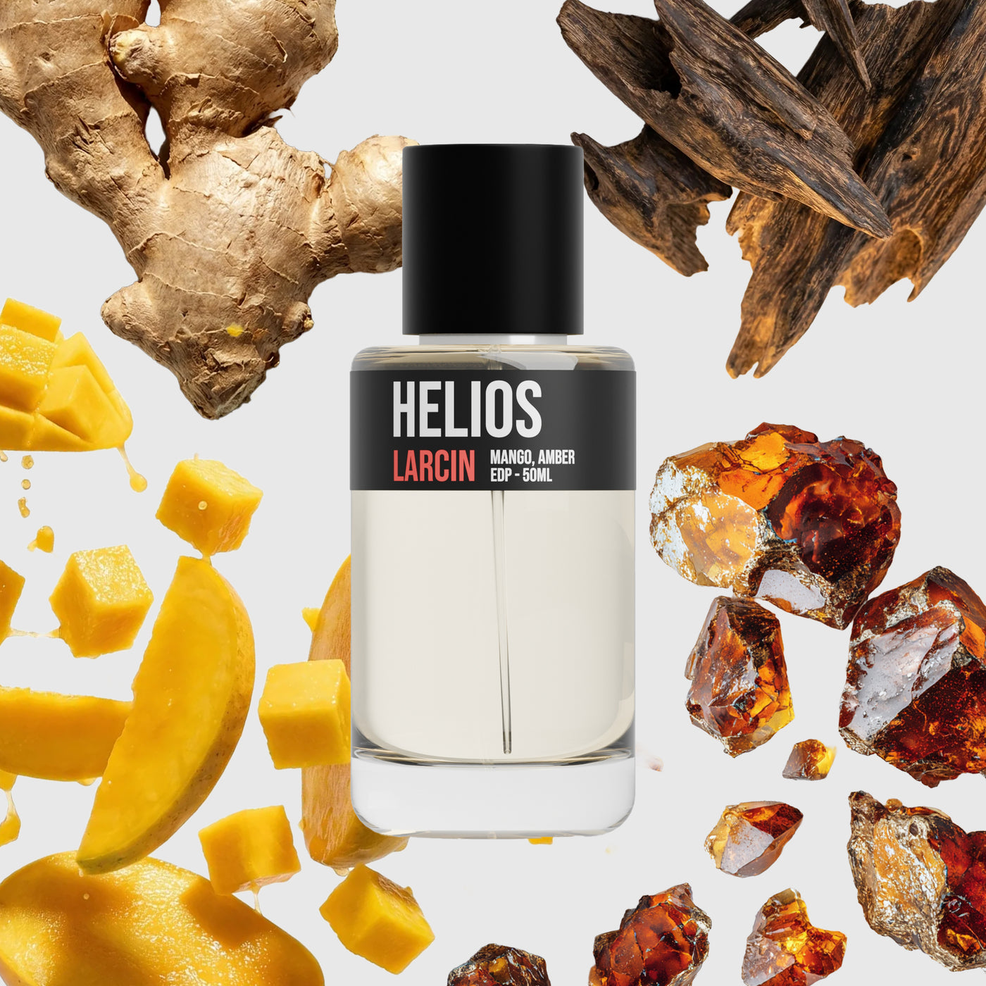 Helios scent notes — mango, citrus, warm spice, amber, resinous woods — Larcin