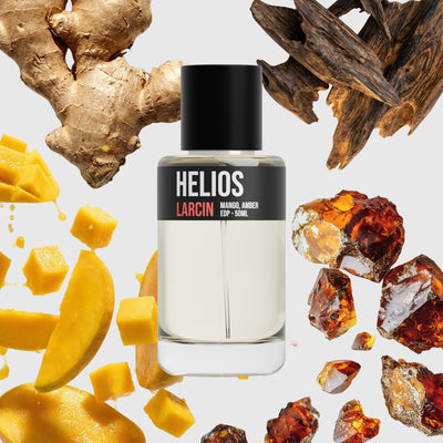Helios scent notes — mango, citrus, warm spice, amber, resinous woods — Larcin