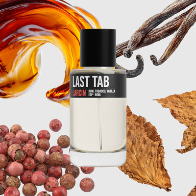Last Tab scent notes — rum, sweet tobacco, woods, vanilla, smoke — Larcin