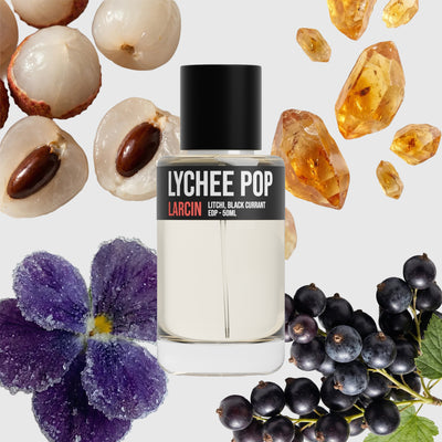 Lychee Pop scent notes — lychee, red berries, rose, peony, vanilla — Larcin