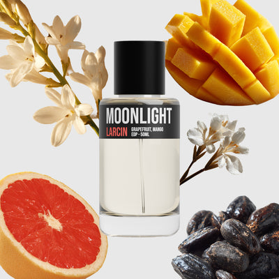 Moonlight scent notes — citrus, coconut, rice, soft woods, vetiver — Larcin