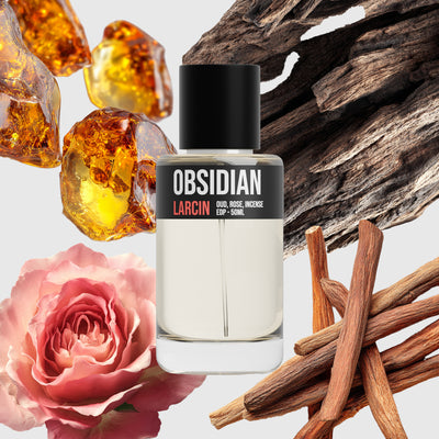 Obsidian scent notes — saffron, smoky oud, rose, amber, leather — Larcin