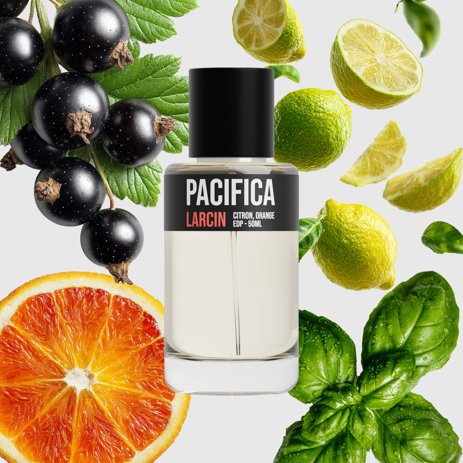 Pacifica scent notes — mint, lemon, blackcurrant, fig, musk — Larcin