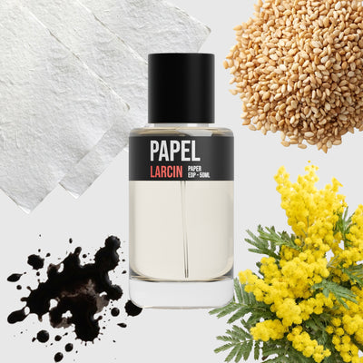 Papel scent notes — clean musk, pale woods, rice, sesame — Larcin