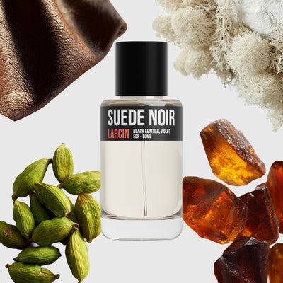 Suede Noir scent notes — black leather, cardamom, patchouli, ambered woods — Larcin