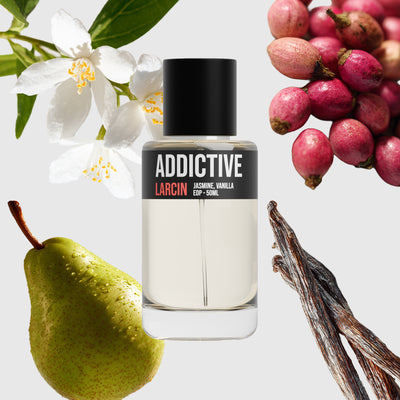 Addictive scent notes — dark coffee, white florals, vanilla, amber — Larcin