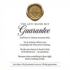 Gold wax seal with text about the 'Anti-Blind Buy Guarantee' on a white background