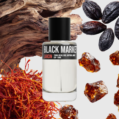 Black Market scent notes — spiced tonka, oud, amber, rose — Larcin