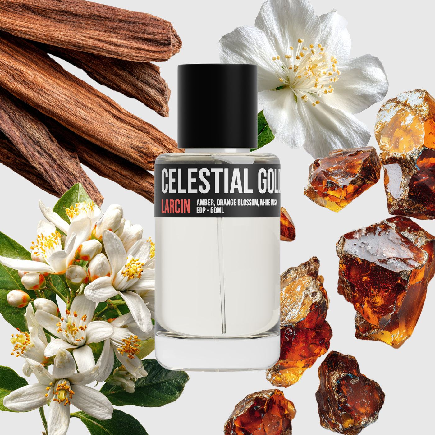 Celestial Gold scent notes — orange blossom, amber, musk — Larcin