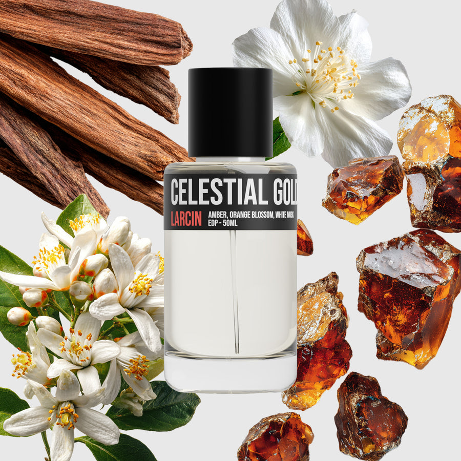 Celestial Gold scent notes — orange blossom, amber, musk — Larcin