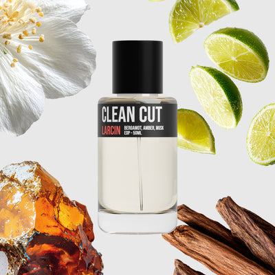 Clean Cut scent notes — bergamot, citrus, crisp woods, dry musk — Larcin