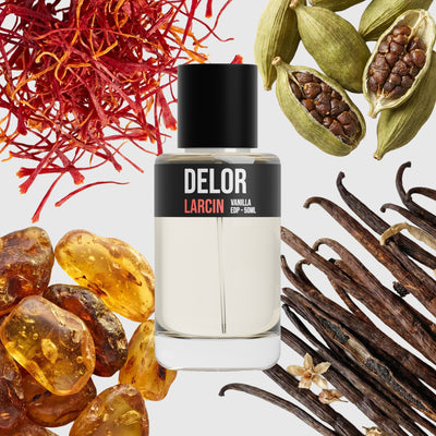 Delor scent notes — vanilla, pink pepper, cardamom, pale woods — Larcin