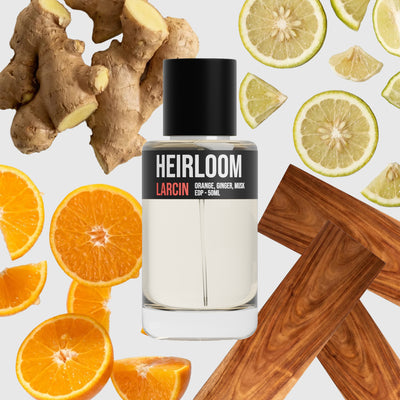 Heirloom scent notes — pear, citrus, clean musk, creamy woods — Larcin