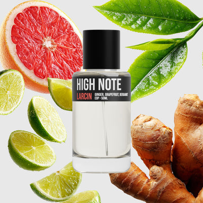 High Note scent notes — grapefruit, ginger, bergamot, musk, cedar — Larcin