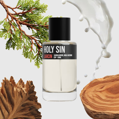 Holy Sin scent notes — creamy sandalwood, soft spice, incense, amber, musk — Larcin