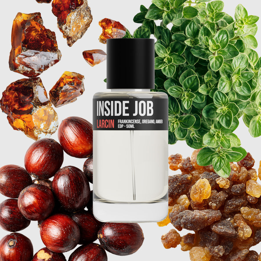 Inside Job scent notes — bergamot, myrrh, incense, amber, leather — Larcin