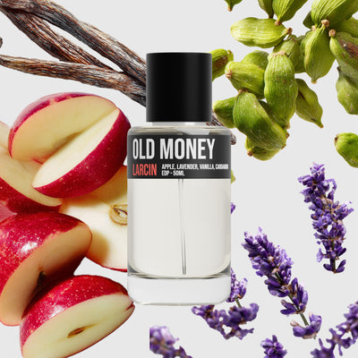 Old Money scent notes — apple, lavender, violet, vanilla, amber, patchouli — Larcin