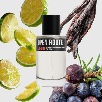Open Route scent notes — lemon, bergamot, pine, juniper, sandalwood — Larcin