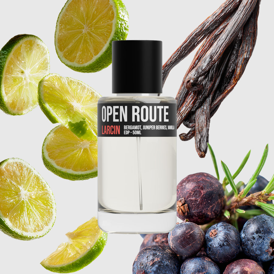 Open Route scent notes — lemon, bergamot, pine, juniper, sandalwood — Larcin
