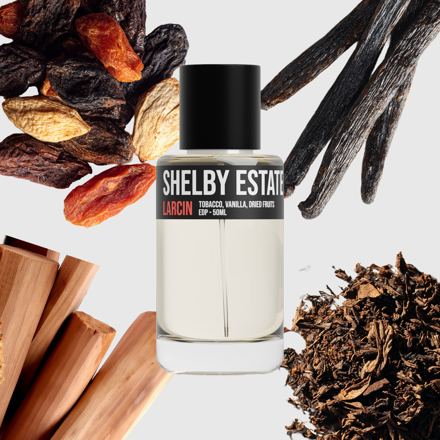 Shelby Estate scent notes — pipe tobacco, vanilla, clove, resinous woods — Larcin