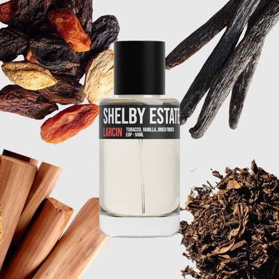 Shelby Estate scent notes — pipe tobacco, vanilla, clove, resinous woods — Larcin