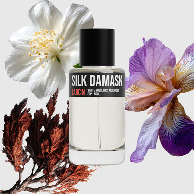 Silk Damask scent notes — pear, lily of the valley, iris, musk, ambrette — Larcin