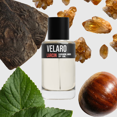Velaro scent notes — warm spice, chestnut, vanilla, amber, woods — Larcin