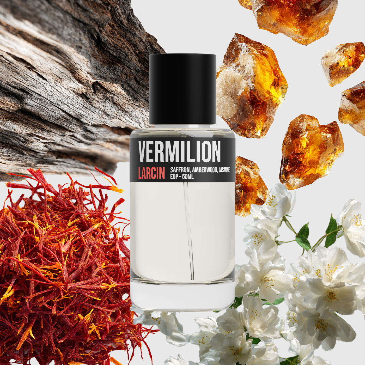 Vermilion scent notes — saffron, ambergris, cedar — Larcin