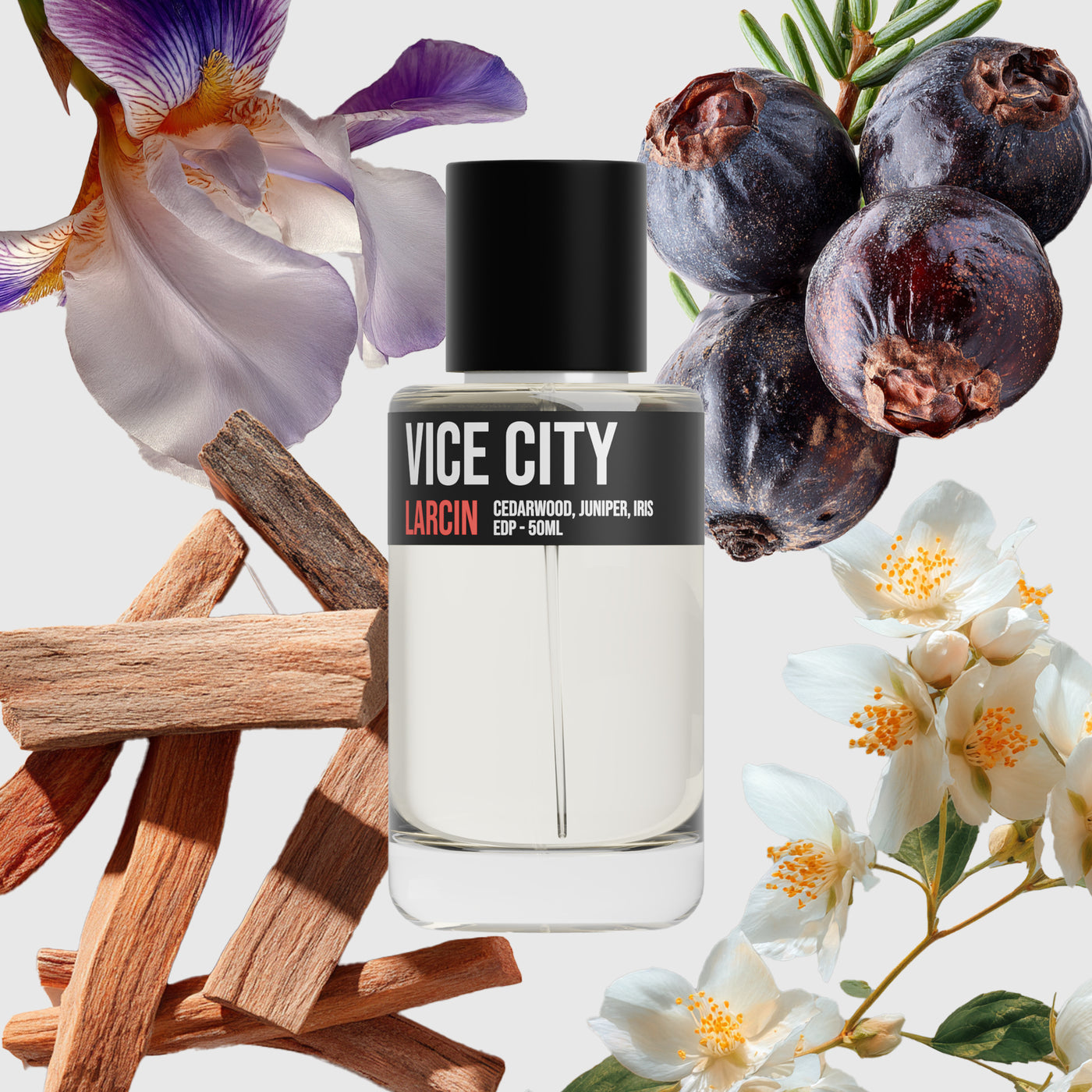 Vice City scent notes — juniper, jasmine, cedar, tobacco, tonka, amber — Larcin