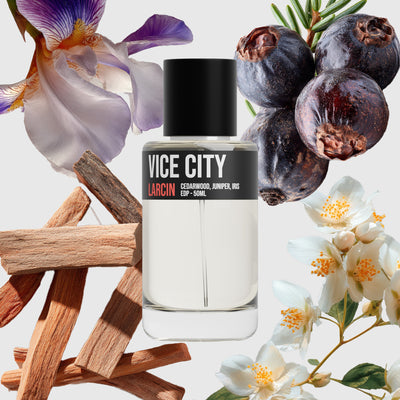 Vice City scent notes — juniper, jasmine, cedar, tobacco, tonka, amber — Larcin